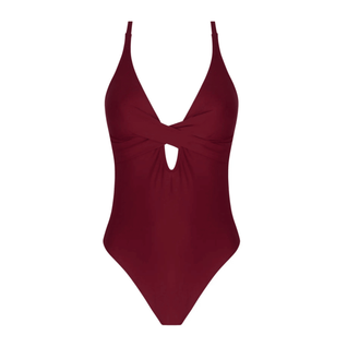 Maroon swimsuit with a knot detail on a white background