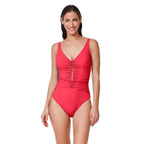 Woman wearing a red swimsuit on a white background