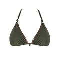Green bikini top with thin straps on a white background