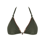 Green bikini top with thin straps on a white background