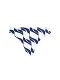 Bikini bottom with blue and white striped pattern on a white background