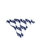Bikini bottom with blue and white striped pattern on a white background