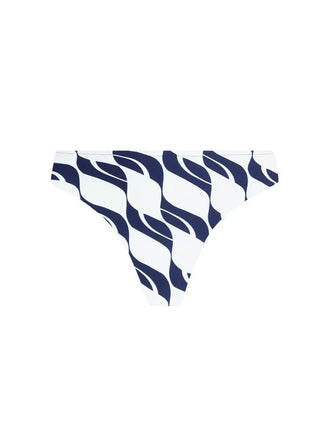 Bikini bottom with blue and white striped pattern on a white background