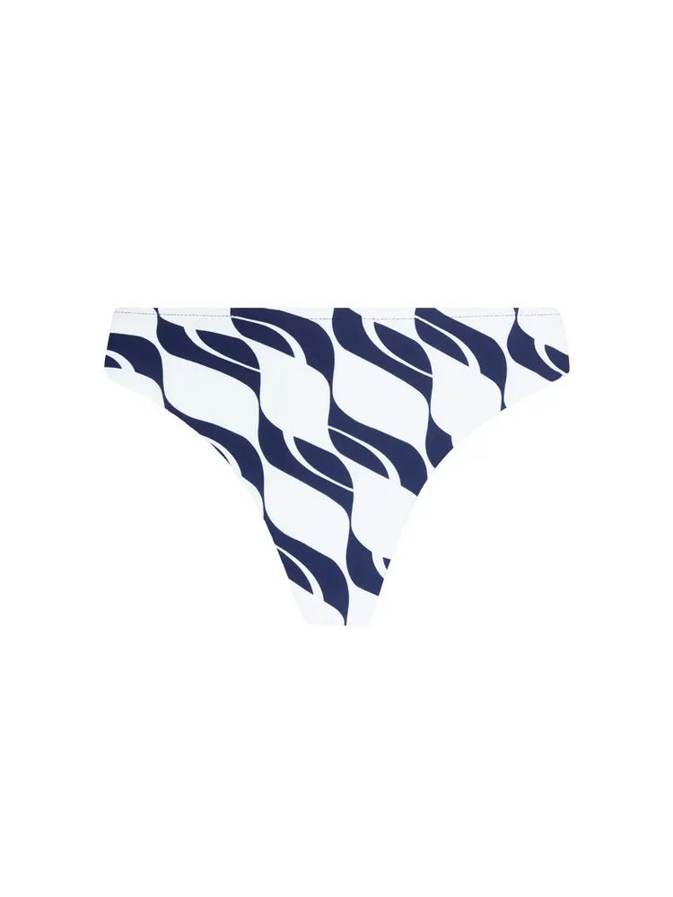 Bikini bottom with blue and white striped pattern on a white background