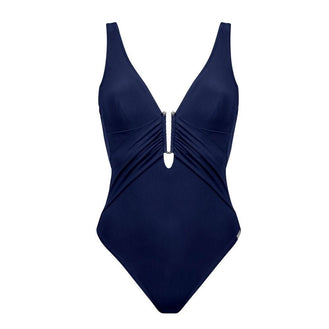 Navy blue swimsuit with a deep neckline on a white background