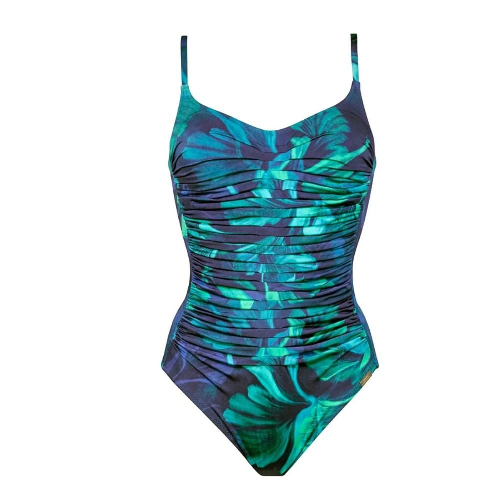 One-piece swimsuit with green and blue leaf pattern on a white background