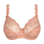 A peach-colored lace and leopard-print underwire bra with adjustable shoulder straps, shown against a plain white background.