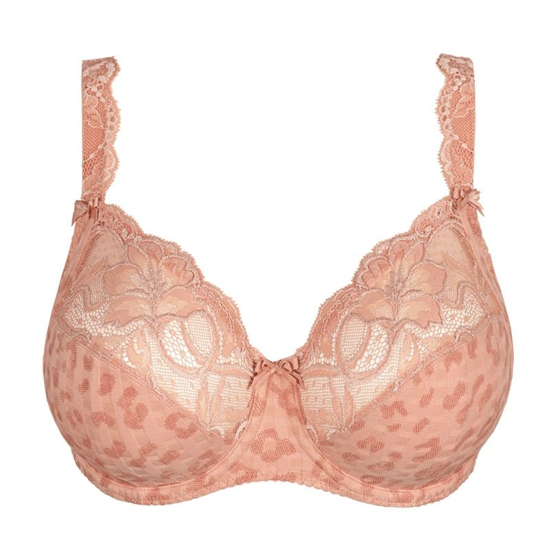 A peach-colored lace and leopard-print underwire bra with adjustable shoulder straps, shown against a plain white background.