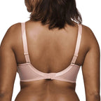 Rear view of a woman wearing a light pink open-back bra with adjustable straps and scalloped trim, shown against a plain white background.