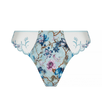Floral-patterned underwear with lace trim on a white background